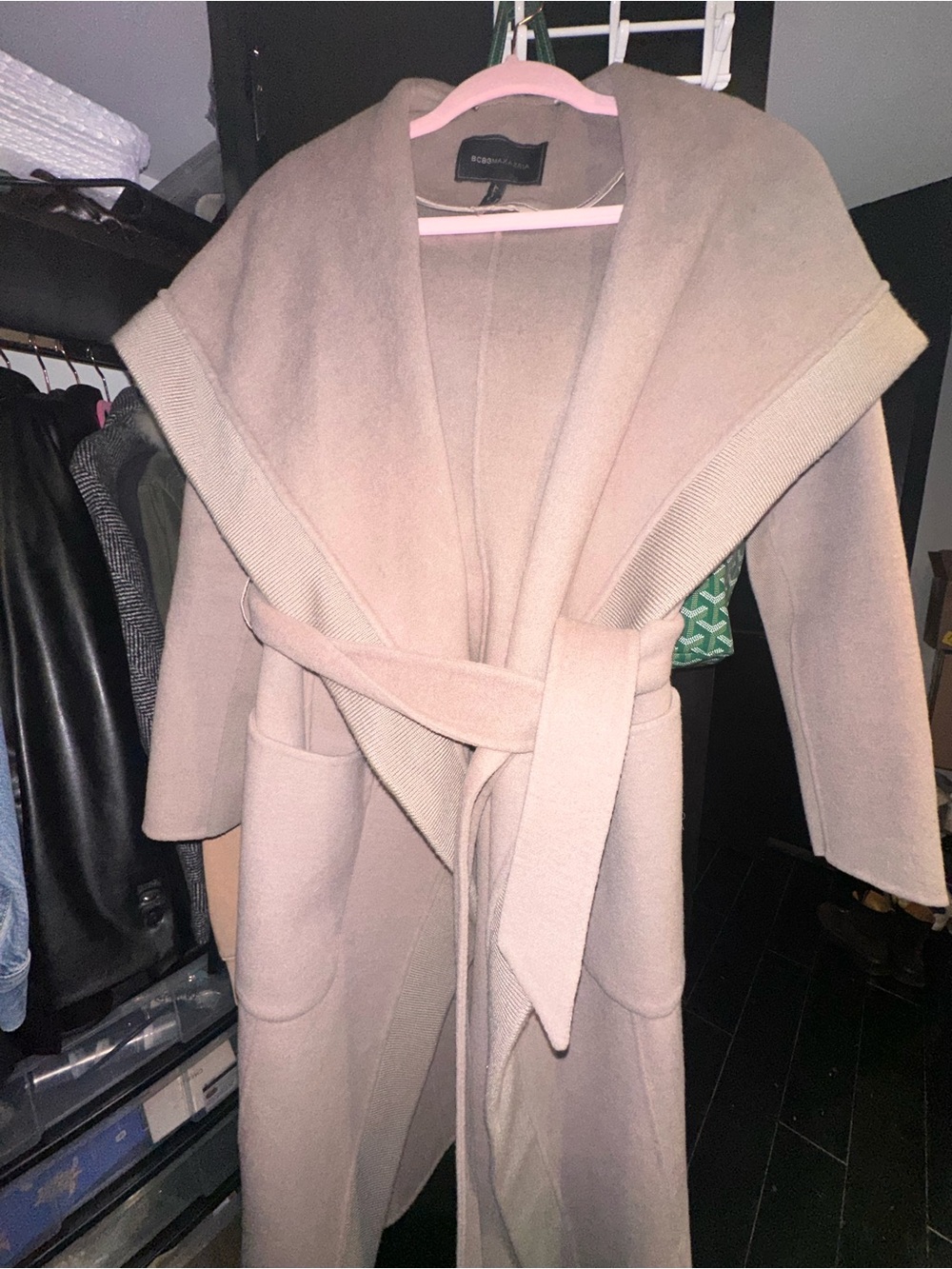 BCBGMaxAzria Taupe Wool Wrap Coat with Shawl Collar